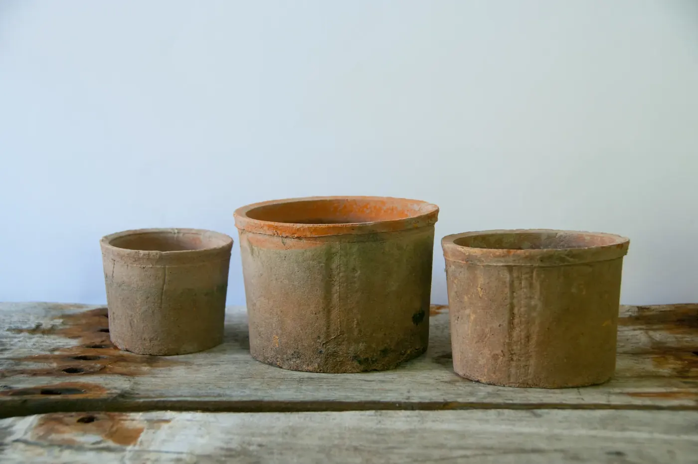Weathered terracotta pots lined up on a timber shelf
