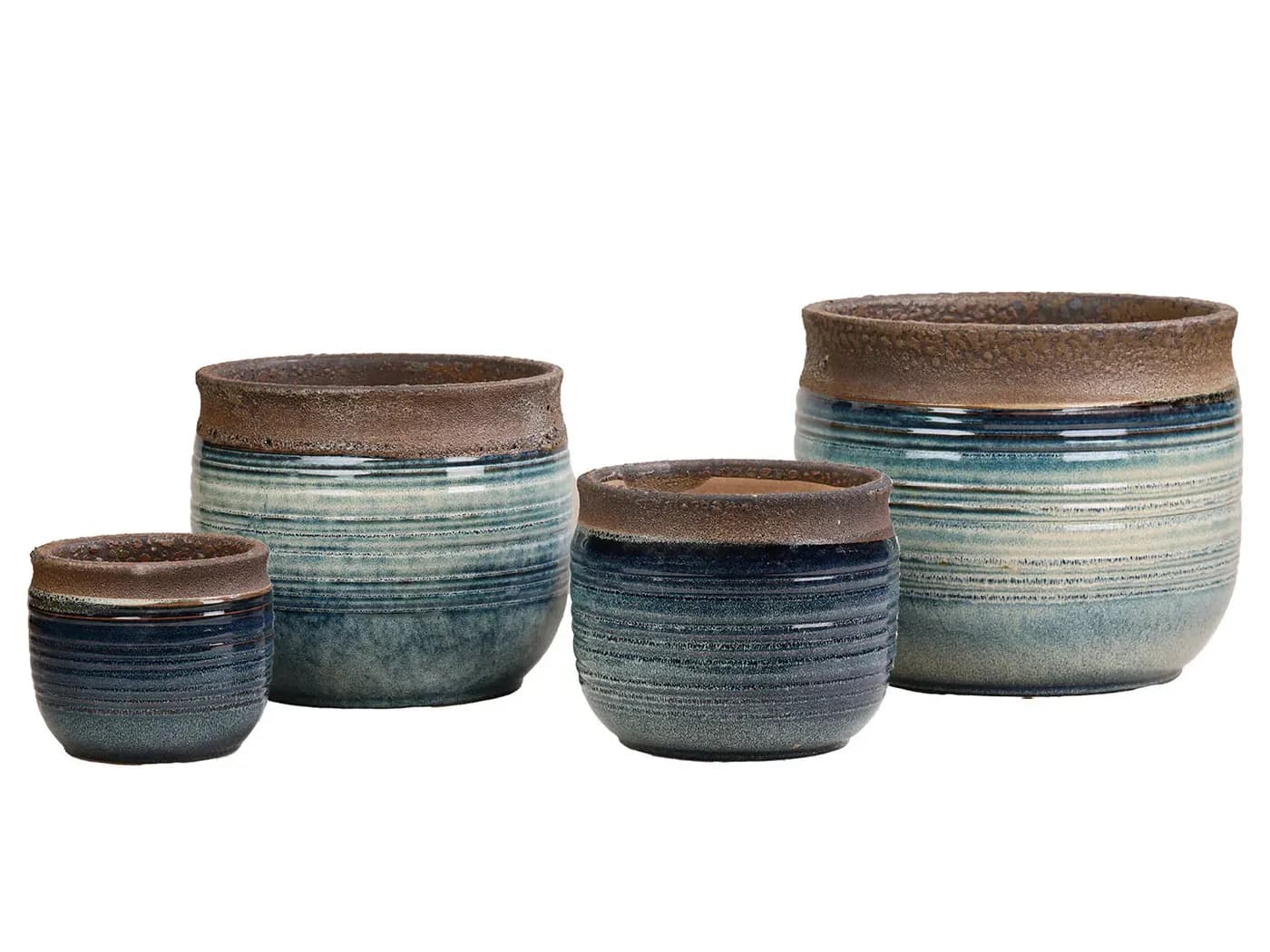 Banded blue-grey pots with wooden lids grouped together